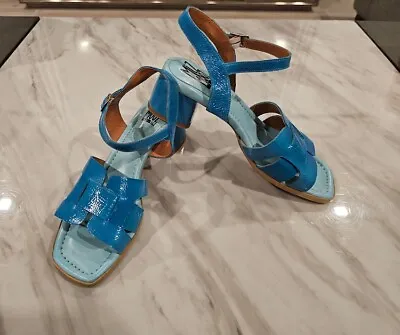 Miz Mooz Turquoise/ Open Toe Heeled Wedge Leather Clog Sandal Size EU37 US 6-6.5 • $26.99