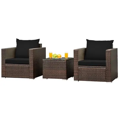 Patiojoy 3PCS Outdoor Rattan Furniture Set Cushioned Conversation Sofa Black • $106.96