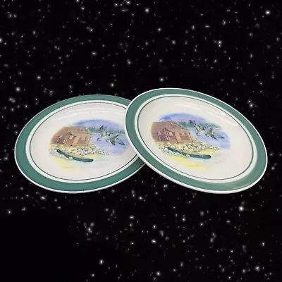 FolkCraft Stoneware Plate Set 2 Painted Cabin W Ducks Dish Plate Set 8.25”Wide • $40.50