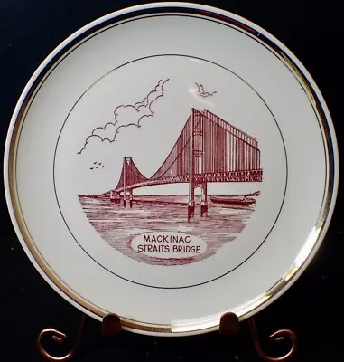 Vintage Mackinac Straits Bridge Michigan Souvenir Plate Red Graphics 9.25  • $14.15