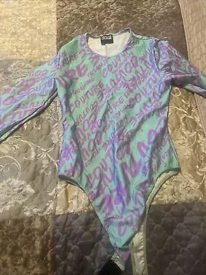 $450 Versace Jeans Couture Blue &Purple  Logo-Print Long-Sleeve Bodysuit Size 48 • $60