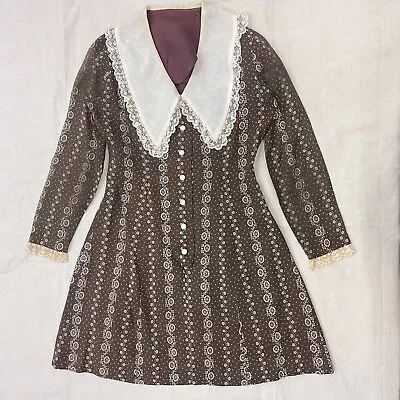 60s 70s Handmade Brown Mini Prairie Dress Size SmallCottagecore Boho Floral Lace • $59.99