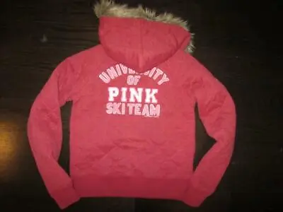 Victoria's Secret Pink Red Full Zip Varsity Letter Jacket Fur Hood Fur Coat S • $74.99