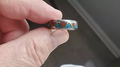 MENS VINTAGE STERLING SILVER CRUSHED TURQUOISE & CORAL BAND RING Size 11 • $22