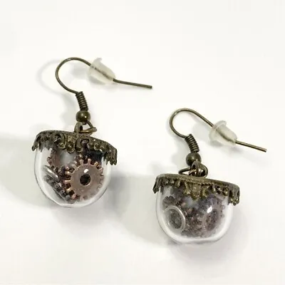 Steam Punk Dangle Earrings Gears In Glass Dome • $14.99