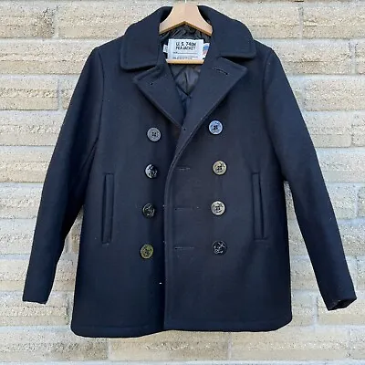 Vintage Schott NYC US Black Pea Coat Jacket 740N USA Navy Union Wool Size 14 • $120