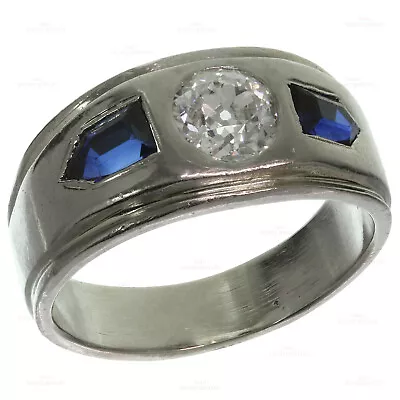 Antique Diamond Blue Sapphire White Gold Men's Ring • $1