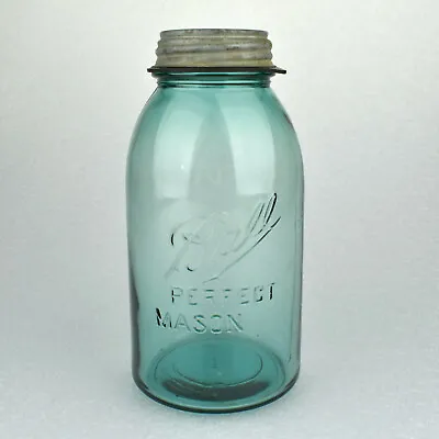 VTG Aqua Blue Ball PERFECT MASON Offset Fruit Jar HG Size #4 W/ Zinc Lid • $16.95