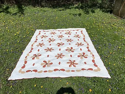 Vintage Brown And White Fall Design Hand Stitched Quilt 88  X 73”- Looks Great • $185
