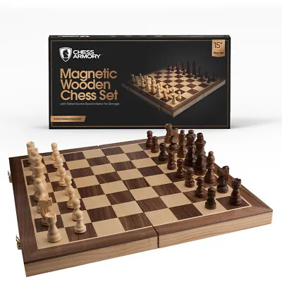 Chess Armory Magnetic 15 Inch Wooden Chess Set With Maple And Walnut Board • $32.99