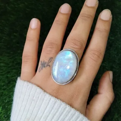 Rainbow Moonstone Gemstone 925 Sterling Silver Ring All Size • $19.87