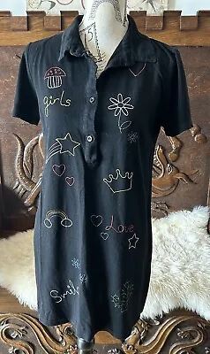 SIZE 10 WOMENS BLACK POLO SHIRT DRESS BY DIFFUSE ~ Love Happy Smile Rainbow 🌈 • £10