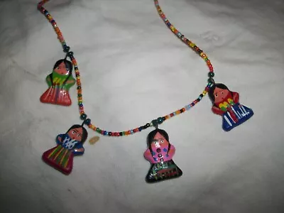 Guatemala Folk Art Necklace. Seed Beads & Hand Painted  4 Clay Girls • $9.99