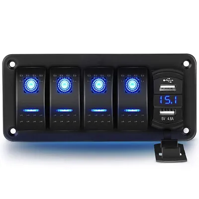 4 Gang On-Off Blue LED Toggle Switch Panel Voltmeter Dual USB Car Boat Marine RV • $24.99