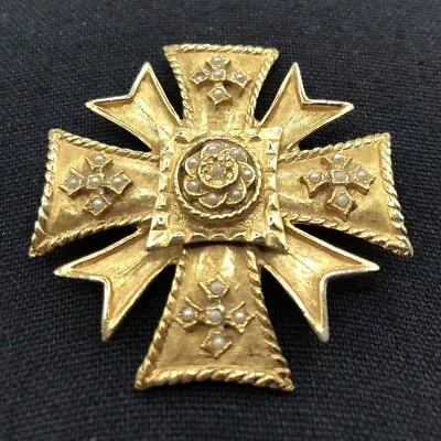 Vintage Maltese Cross Pin Layered Textured Faux Pearls 2” Lapel Coat Pin • $29.99