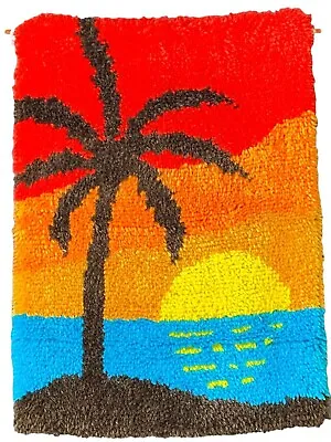 Vtg 70s Latch Hook Sunset Palm Tree Ocean Wall Hanging Complete 27 X 20 Tropical • $80