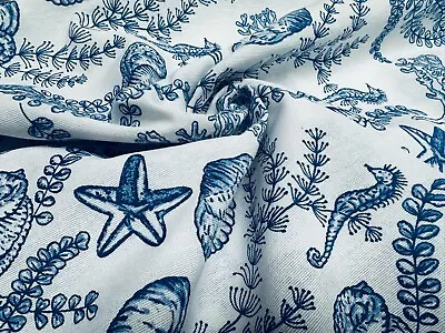 Blue Starfish Nautical Fabric Seahorse Shell Coral Home Decor Curtains 55  Wide • £1.20