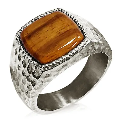 Stainless Steel Hammered Design Cherry Wood Inlay Mens Biker Style Signet Ring • $15
