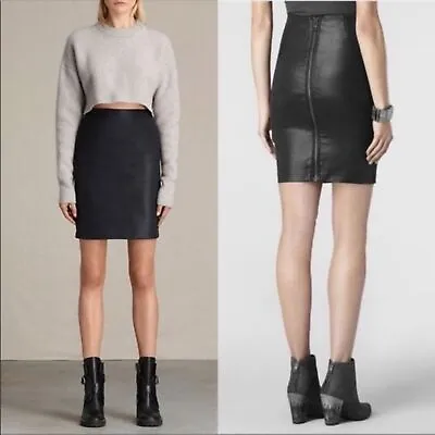 ALLSAINTS Metal Pencil Skirt Short Exposed Zipper Black Wax Coated Women's US 0 • $49