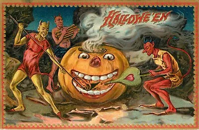 Giant Halloween Pumpkin & Three Devils Wall Decal Or Print Raphael Tuck Vintage • $44.75