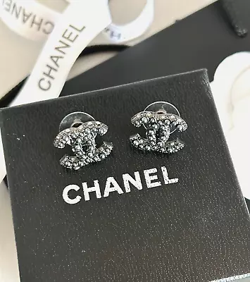 Chanel CC Logo Shape Gun Metal With Crystal Pierced Earrings • $360