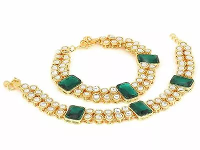 Indian Traditional Gold Plated Bridal Anklets With Green Stones & Faux Kundans • $27.42