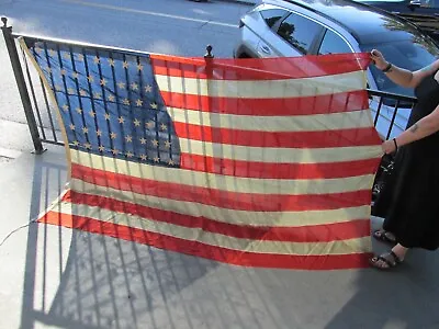 Vintage WWII 48 Stars Sewn On HUGE 6ft X 9ft Linen American Flag • $100