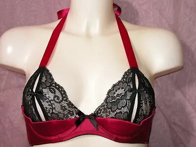 £7.95 • Buy Ann Summers Red Satin & Black Lace Ribbon Tie Halter Neck Peep Bra Mollie Small 