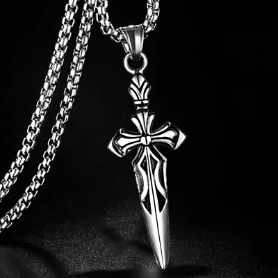 Mens Gothic Sword Pendant Necklace Punk Rock Biker Jewelry Silver Chain 24  • $11.99