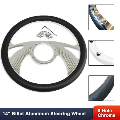 Chrome 14  Billet Auminum Steering Wheel 9 Holes W/ Half Wrap Black Leather • $109.68