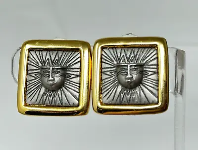 Vintage 2-Tone Silvertone Goldtone Aztec Mayan Style Clip On Earrings • $35