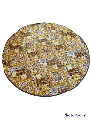 Vintage 60’s 70’s MOD RETRO Brown & Gold 66” Round Tablecloth! MINT! • $24.95