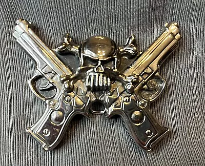 Silver Star Skull Between Crossed Guns Pistols Belt Buckle Large Silver Tone • $9.50