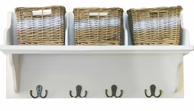 £34.99 • Buy 3 Set Willow Wicker Baskets Storage Unit And Coat Hooks Wooden Shelf Rack Stand