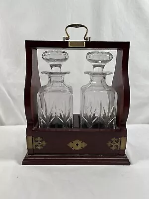 Vintage English 2 Crystal Bottle Oak Tantalus Decanter Set NO KEY READ • $155.97