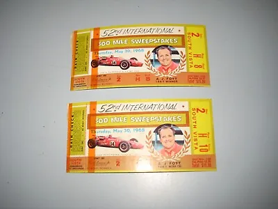 2 1968 Indianapolis 500 Ticket Stubs With A.J. Foyt Bobby Unser Victory 52nd • $49.99