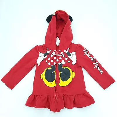 Disney Minnie Mouse Hoodie Jacket Girls 4T Red Full Zip Sweatshirt Ears Bow • $12.71