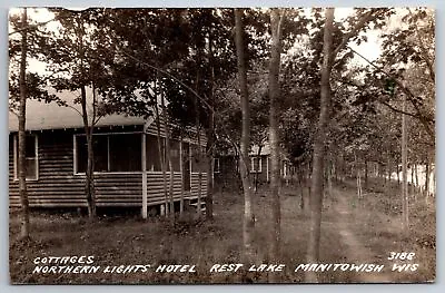 Manitowish Wisconsin~Northern Lights Hotel Cottages @ Rest Lake~1937 RPPC • $14