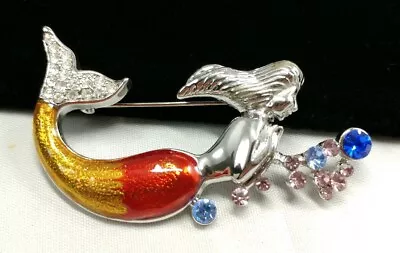 W) Vintage 90s Mermaid Woman Nautical Sea Life Enamel Tail Rhinestone Brooch Pin • $8