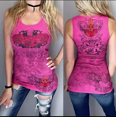 **VOCAL Womens Pink Embellished Rose Heart Wing Graphic Biker Ribbed Tank Top XL • $14.99