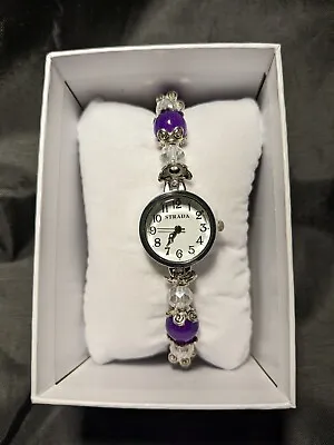 Stretch Bracelet Watch Simulated Purple And White Beads 7.5-8  Medical Alert • $19.99