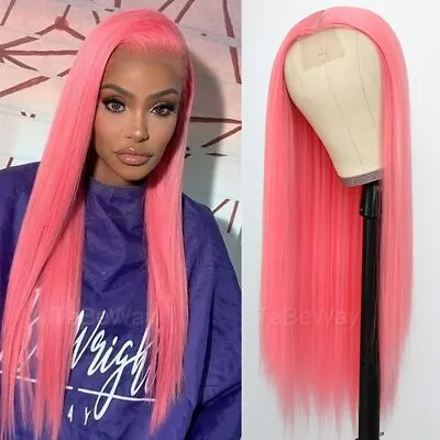 Synthetic No Lace Wigs Pink Color Long Straight Wig Heat Resistant Fashion Women • $15.90