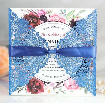 NEW 50pcs Glitter Square Lace Laser Cut Wedding Invitation Cards - Many Colours • £46.32