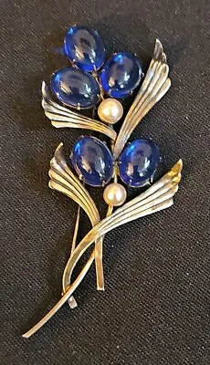 Vintage Symmetalic Blue Stone & Pearl 14K Gold And Sterling Silver Pin Brooch • $150