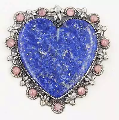 Superb VTG LaRose Navajo Sterling Lapis Rose Quartz Huge Heart Pin Pendant • £670.77