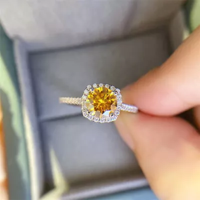 Round Cut Yellow Gold Moissanite Cushion Engagement Ring White Gold Plated GRA • $59.99