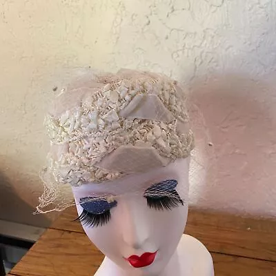 Vintage 60s White Cream  VELVET RIBBON Bridal HAT OS As IS • $8.79