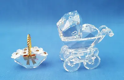 2x Small Crystal Ornaments Swarovski PRAM & FLOWER BASKET Ideal Gift (LOOSE) • £25