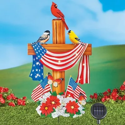 Cross Memorial Bird Solar Lighted Yard Stake Patriotic Americana Usa Flag Light • $44.99