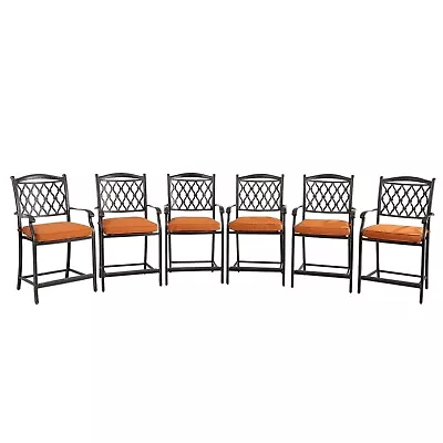 Set Of 6 Cast Aluminum Dining Chairs Patio Bar Stool Chairs With Cushions • $779.22